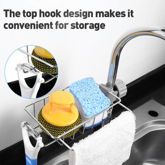 2Pcs Kitchen Sink Faucet Organizer, Adjustable Detachable Sponge Holder, Soap Kitchen Sink Drain Rack,Rustproof Stainless, Towel Hook Bathroom Universal