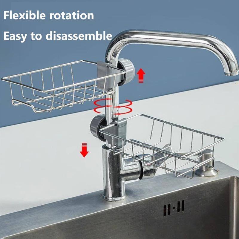 2Pcs Kitchen Sink Faucet Organizer, Adjustable Detachable Sponge Holder, Soap Kitchen Sink Drain Rack，Rustproof Stainless, Towel Hook Bathroom Universal