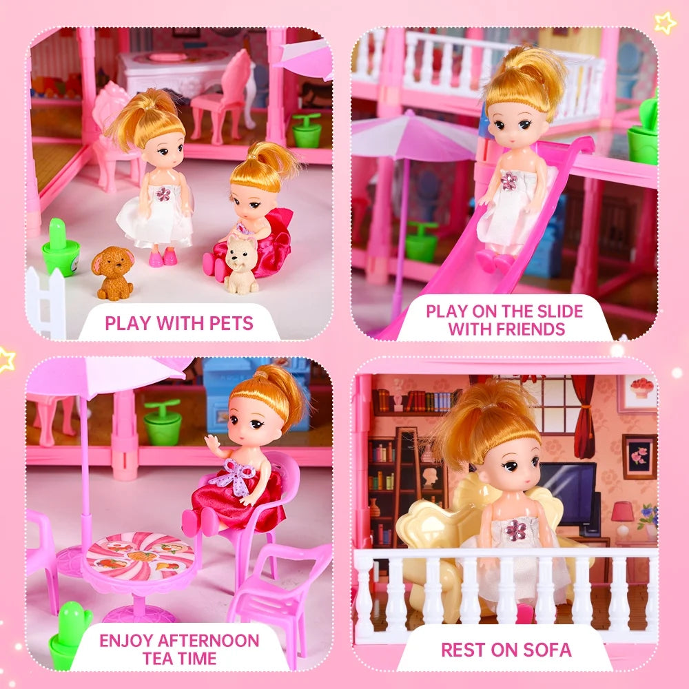 Doll House for Girls, 5-Story 19 Rooms Huge Dollhouse Playset with LED Lights, 2 Dolls, Furnitures, Accessories, DIY Pretend Play House Toys Gifts for Kids, Pink