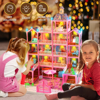 Doll House for Girls, 5-Story 19 Rooms Huge Dollhouse Playset with LED Lights, 2 Dolls, Furnitures, Accessories, DIY Pretend Play House Toys Gifts for Kids, Pink