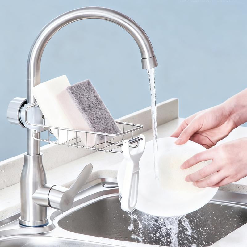 2Pcs Kitchen Sink Faucet Organizer, Adjustable Detachable Sponge Holder, Soap Kitchen Sink Drain Rack，Rustproof Stainless, Towel Hook Bathroom Universal