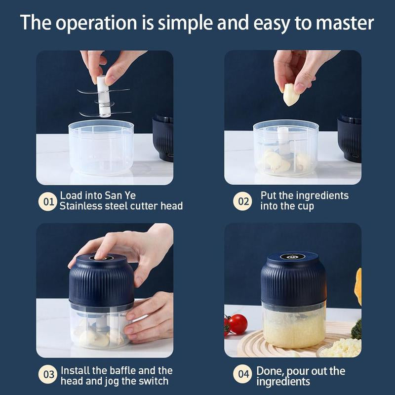 Electric Garlic Chopper, Mini Portable Veggie Chopper, Garlic Grinder Masher Onion Grinder, Blender to Vegetable, Wireless Food Processor for Ginger, Chili, Fruit, Meat, Etc